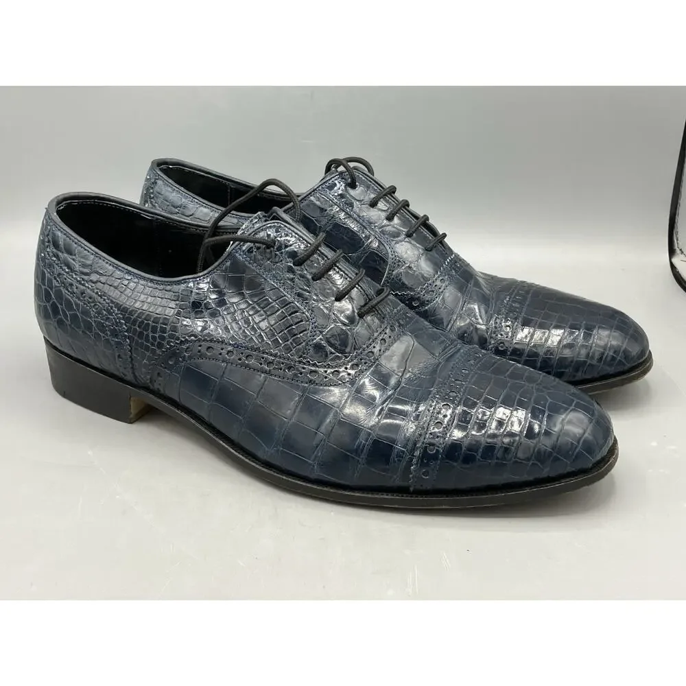 Vintage Bespoke Maylin Peninsula Hotel Hong Kong Navy Blue Alligator Shoes SZ 11